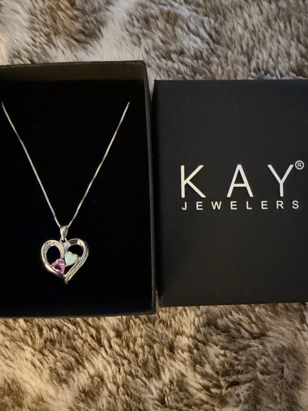 Kay Jewelers Silver Heart Necklace with Pink and Light Green Stones